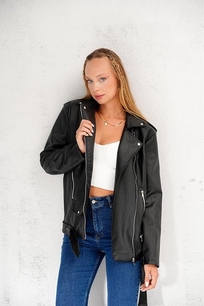 sportiness Oversize Leather Jacket with Belt Detail