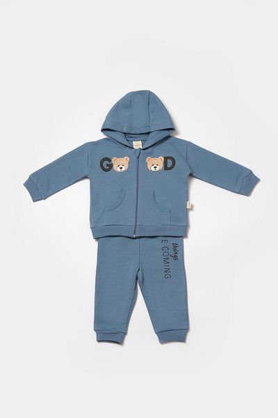 Magu Baby Cotton Blue Hooded Teddy Bear Printed Tracksuit Set - Two Pieces