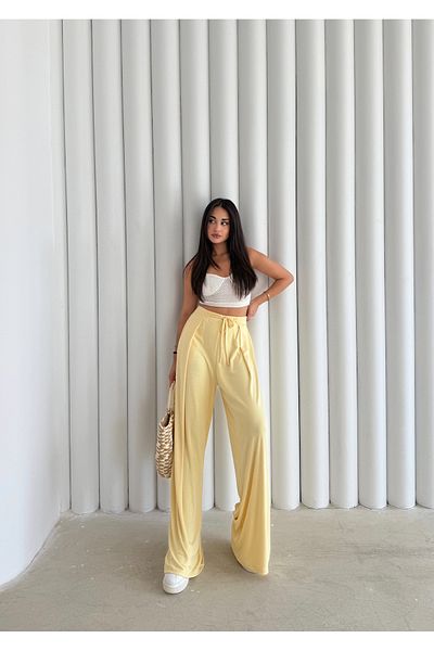 Butik High Waist Front Pleat Detail Flowing Stretchy Modal Fabric Palazzo Pants