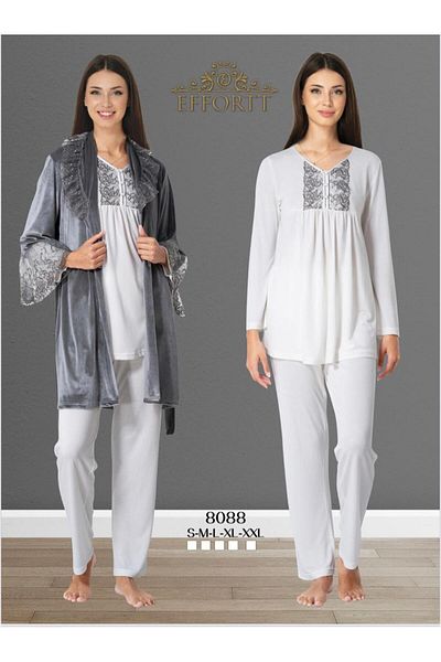 EM&FA TEKSTİL Maternity Maternity Velvet Dressing Gown Pajama Set