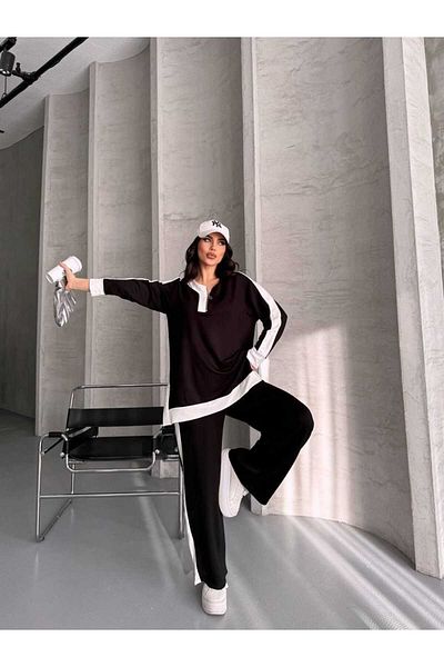 sportiness Garnili Oversize Half Zipper Slit Detailed Wide Leg Modal Fabric Tracksuit Set