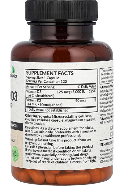 Futurebiotics فيوتشربيوتيكس, فيتامين K2 + D3 مع مثل MK 7 120 كبسولة
