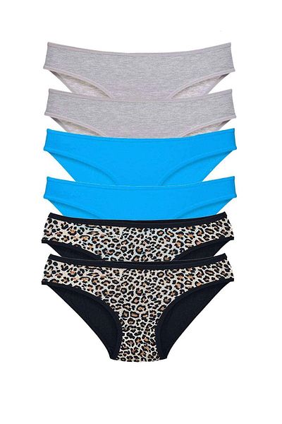 PRATİKOBA 6 Pieces Lycra Women's Slip Panties Leopard Gray Blue