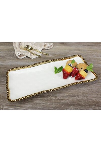 B&L Decor صينية مستطيلة متوسطة الحجم باللونين الأبيض والذهبي