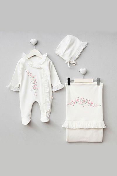 Sitilin Baby Girl 100% Cotton Natural Flower Embroidered Lace Detailed 3-Piece Hospital Exit Set Stl7078