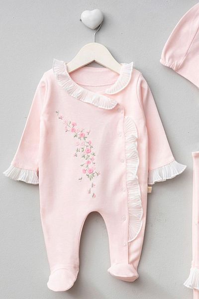 Sitilin Baby Girl 100% Cotton Natural Flower Embroidered Lace Detailed 3-Piece Hospital Exit Set Stl7078