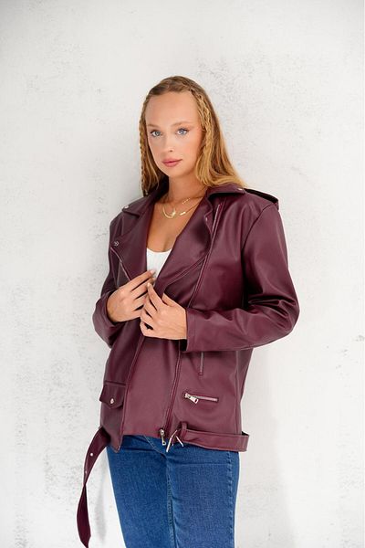 02Lady Fashion Oversize Leather Jacket with Belt Detail