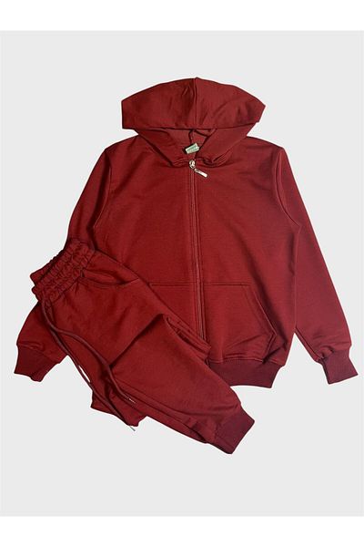 ALİŞ KİDS Boys' Cotton Claret Red Color Hooded Zippered Pocket Suitable for School Tracksuit Set