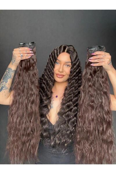 Suzan Peruk Sıcak Kahve 8 parça Afro Dalgalı uzun Çıt Çıt Saç 70cm Ekstra yoğ...