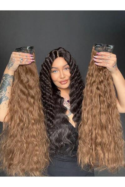 Suzan Peruk Açık kumral 8 parça Afro Dalgalı uzun Çıt Çıt Saç 70cm Ekstra yoğ...