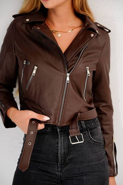 sportiness Leather Jacket with Zipper Belt Detail