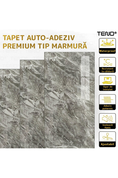 Teno Set 10x Tapet Marmura Premium 3D Teno®, suprafata acoperire 1.8 mp, 30x60 cm, gri