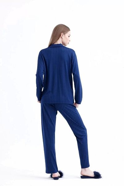 Modestia Freshness 775 Women's Striped Combed Cotton Pajamas Set - Navy Blue - S/M