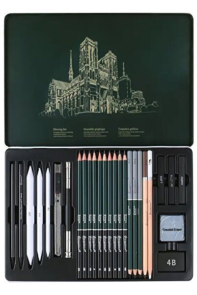 Artlantis Karakalem Seti 27 Parça 1 Paket Teneke Metal Kutu Eskiz Çizim Seti ...