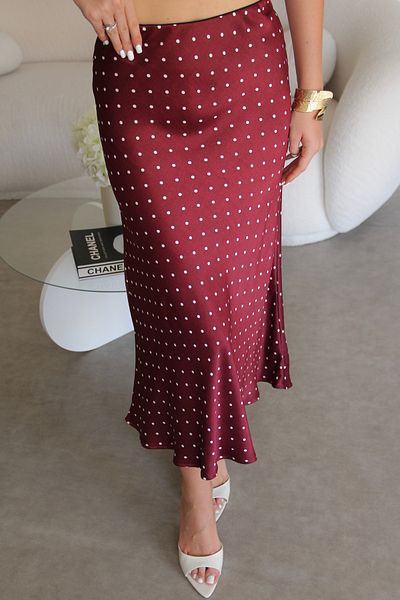Julidress Polka Dot Elastic Waist Bias Cut Midi Length Premium Satin Skirt