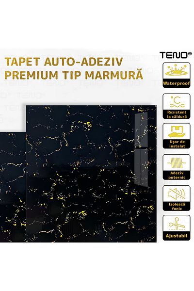 Teno Set 10x Tapet Marmura Premium 3D Teno®, suprafata acoperire 3.6 mp, 60x60 cm, negru/auriu
