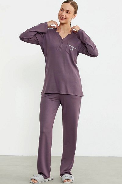 Modestia Sementa 76438 Half Button Pocket Detailed Pajama Set - Purple - L