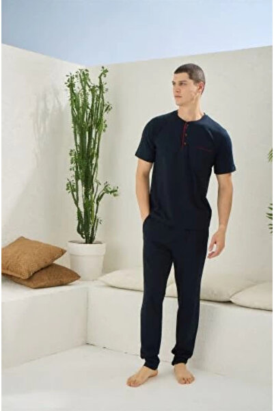 Modestia Kocabey 2090 Men's Midi Collar Pajama Set - Dark Blue - XL
