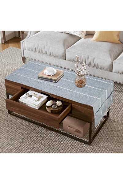 Generic مفرش طاولة قهوة، غطاء طاولة قهوة مع جيوب وشرابة، خطوط زرقاء رمادية من...