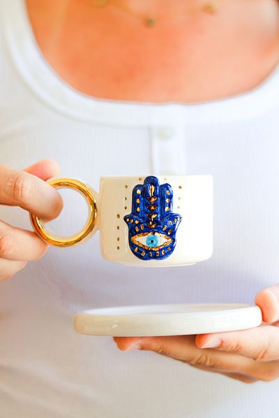 Özce Art Ceramic Atelier Hamsa Evil Eye Patterned 100 ml Turkish Coffee Cup and Saucer