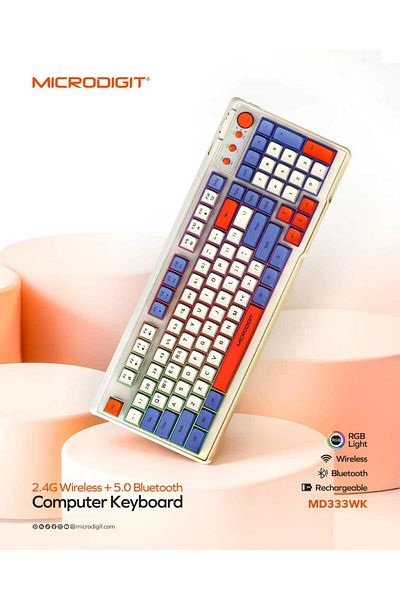 Microdigit Rechargeable 2.4G Wireless Keyboard, Bluetooth 5.0, RGB Lighting with Rotating Volume Button