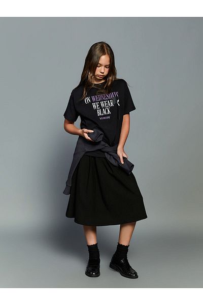 LC Waikiki Quality Parts from Celebi Store |   Black Crew Neck Wednesday Printed Girl's T-Shirt
