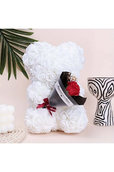 velve Ursulet floral din trandafiri spuma si buchet decorat manual, cu mesaj, Alb, Alb