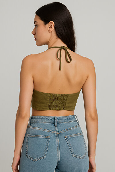 Çeşme Home 100% Cotton Linen Woven Halter Neck Crop Top Halter Neck Short Blouse