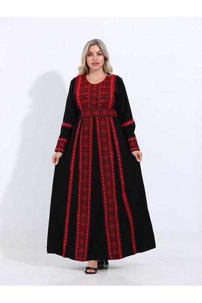 Lyaly aljlabyh The "Pillars of Authenticity" jalabiya is a luxurious black dress with rich crimson embroidery and vertical patterns, for a modern and captivating heritage look.