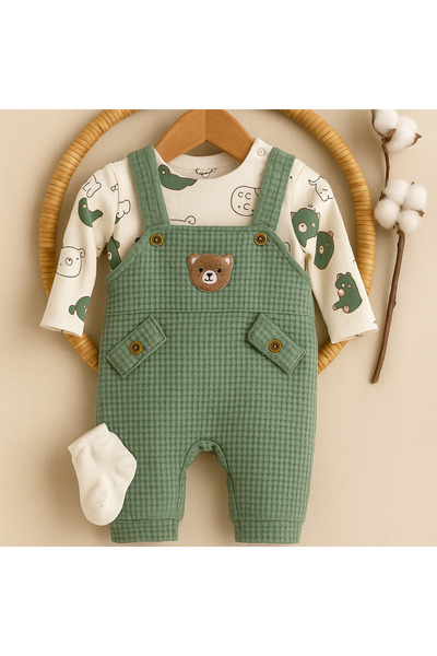 KapsülBebek %100 Pamuk Mevsimlik Unisex Bebek Tulum Takımı – Uzun Kollu Üst ve Salopet
