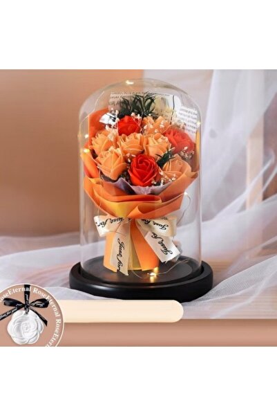 Kardett Buchet Elegant cu 9 Trandafiri Criogenati Portocalii, Cupola de Sticla cu LED, Cadou Special pentru