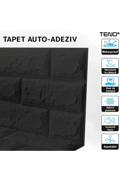 Teno Set Tapet Caramida 3D Teno233, suprafata acoperire 5.3 mp, autoadeziv, 70x77 cm, negru