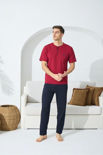Modestia Kocabey 9514 Men's Midi Collar Short Sleeve Pajama Set - Claret Red - L
