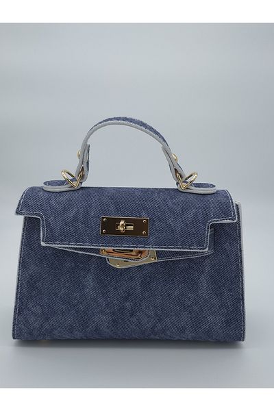 Silblack Women's Knitted Chain Strap Dark Denim Hand and Shoulder Bag - Key Lock Detail