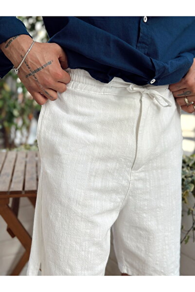 manch collection Beli İpli Basic Keten Şort Beyaz