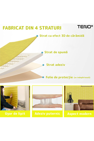Teno Set 10x Tapet Caramida 3D Teno®, suprafata acoperire 5.3 mp, 70x77 cm, galben