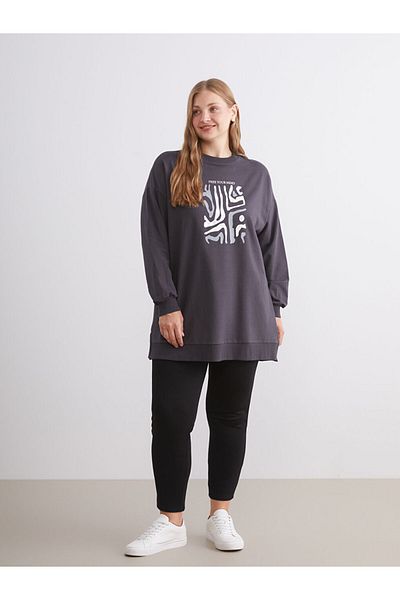 LC Waikiki Quality Parts from Celebi Store |   Anthracite Crew Neck Printed Women's Sweatshirt Tunic