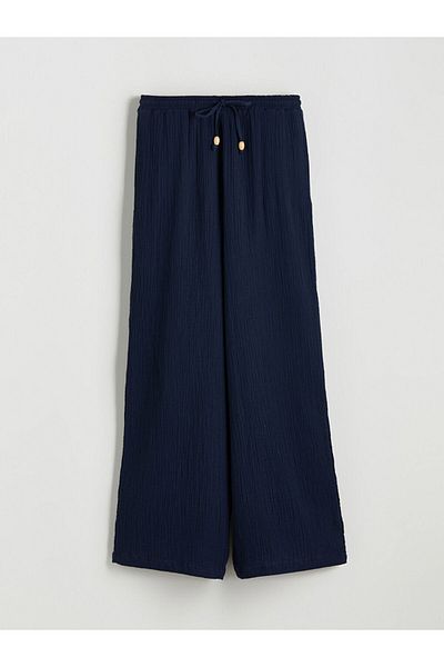 LC Waikiki Quality Parts from Celebi Store |   Navy Blue Elastic Waist Textured Muslin Women's Trousers