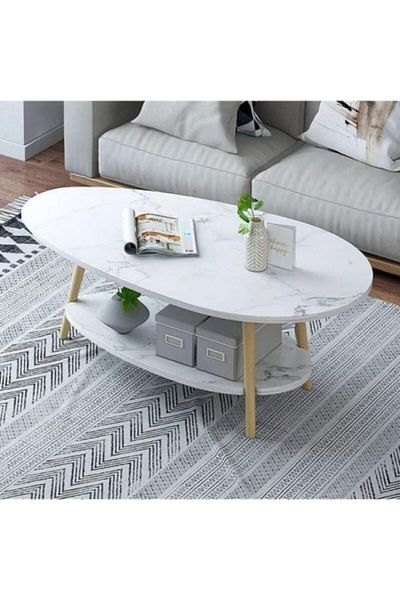 Kardett Oval wooden coffee table, 2 levels, marble design, modern, storage shelf, white