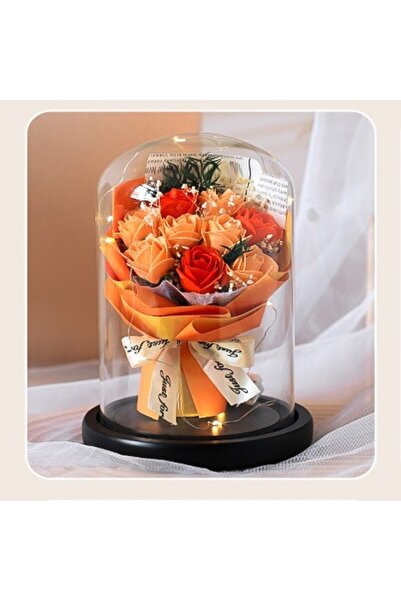 Kardett Buchet Elegant cu 9 Trandafiri Criogenati Portocalii, Cupola de Sticla cu LED, Cadou Special pentru