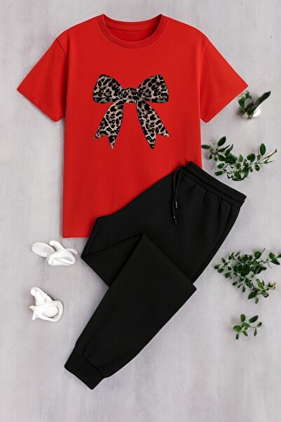 Trend Sizde Women's Leopard Ribbon Printed Top Bottom Tracksuit Set