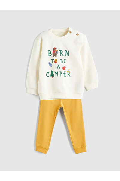 LC Waikiki LCW ECO Bej Bisiklet Yaka Baskılı Erkek Bebek Sweatshirt ve Eşofman Alt 2'li