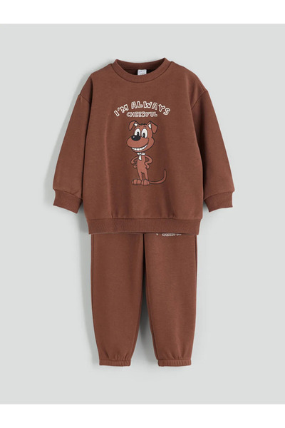 LC Waikiki Lcw Eco Brown Printed Boys Sweatshirt and Sweatpants Bottom 2'Li
