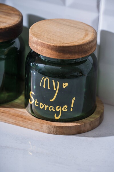 ACAR 7937 Pierre 3-Piece Acacia Wood Jar Set with Lid and Tray 12 cm - Dark Green
