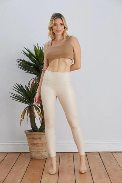 Esberya Yüksek Bel Deri Görünümlü Vücuda Oturan Tayt