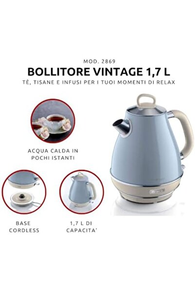 ARIETE Vintage Electric Kettle, 1.7L, 2000W, Auto Shut-Off, Cordless Base, Removable and Washable Fi
