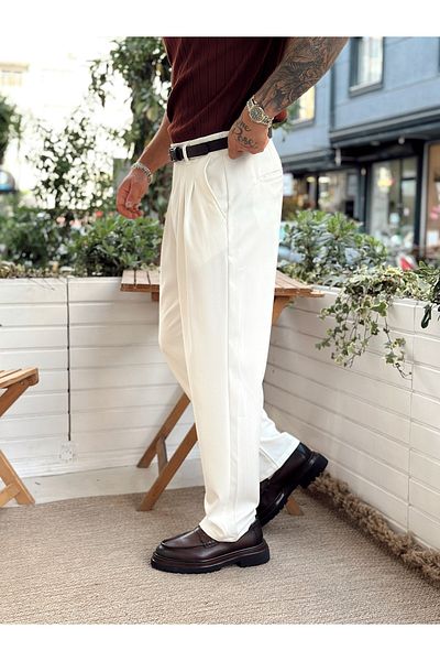 manch collection Pleated Baggy Fabric Trousers White