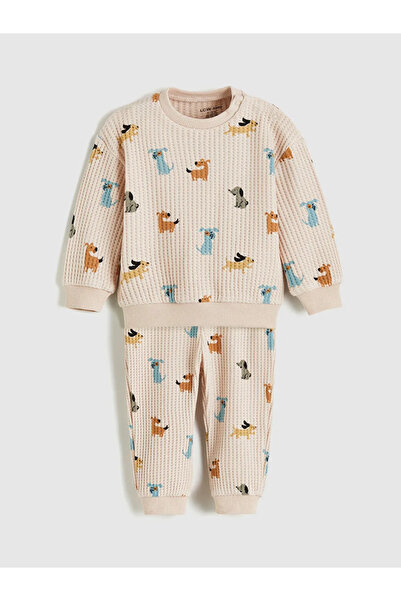 LC Waikiki طقم مكون من قطعتين من سويت شيرت وسروال للأطفال الرضع مطبوع باللون البيج من LCW