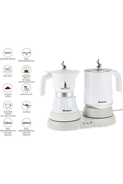 ARIETE 3 in 1 Breakfast Station: Moka Coffee Maker and Milk Frother/Kettle, 500W + Electric Waffle M