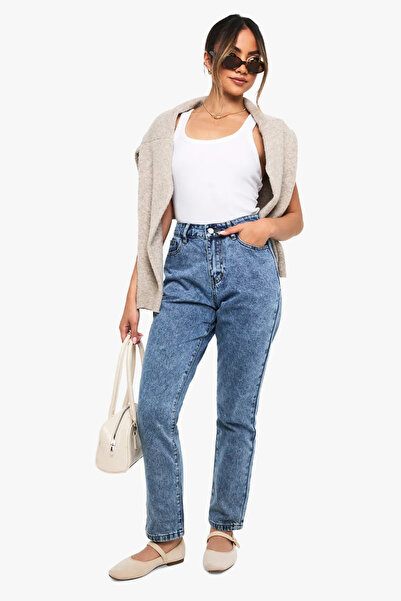 DELDNM Pantaloni Boyfriend pentru femei LT Mom Jean, albastru zăpadă, talie î...